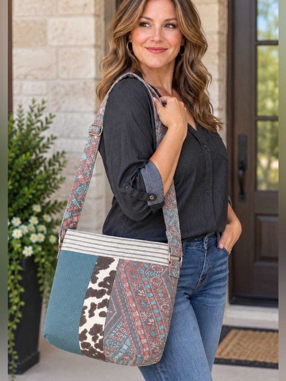 Handmade Bag Boho Patchwork Crossbody Shoulder Bag Teal Cow Print Medium